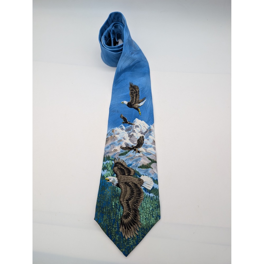 Free Man Apparel Mens Silk Tie Bald Eagle Mountain Nature Wildlife Blue USA Made